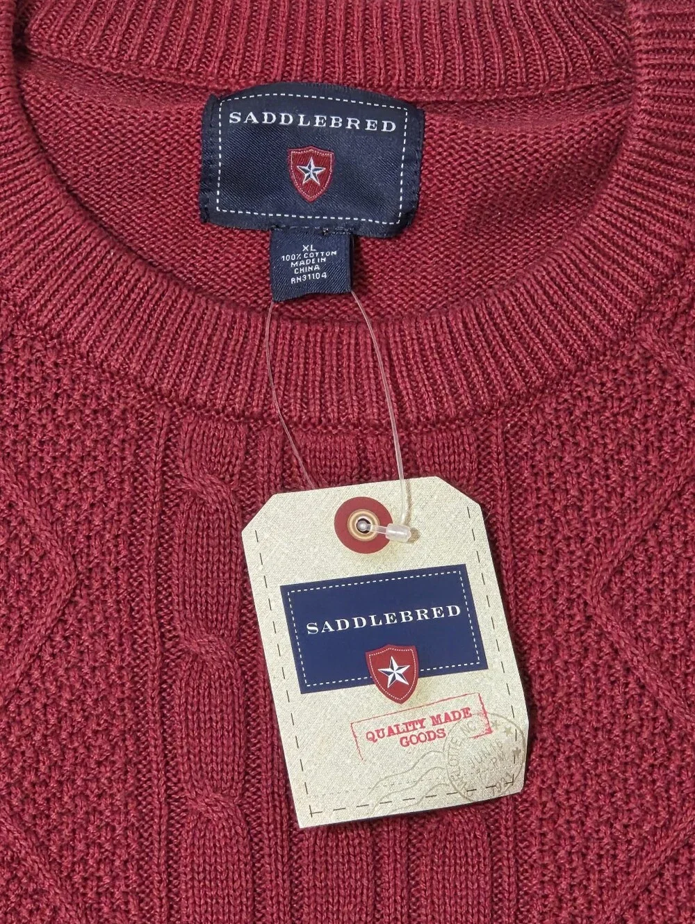 Saddlebred Mens XL Red Fisherman Cable Knit Sweater 100% Cotton NWT Preppy
